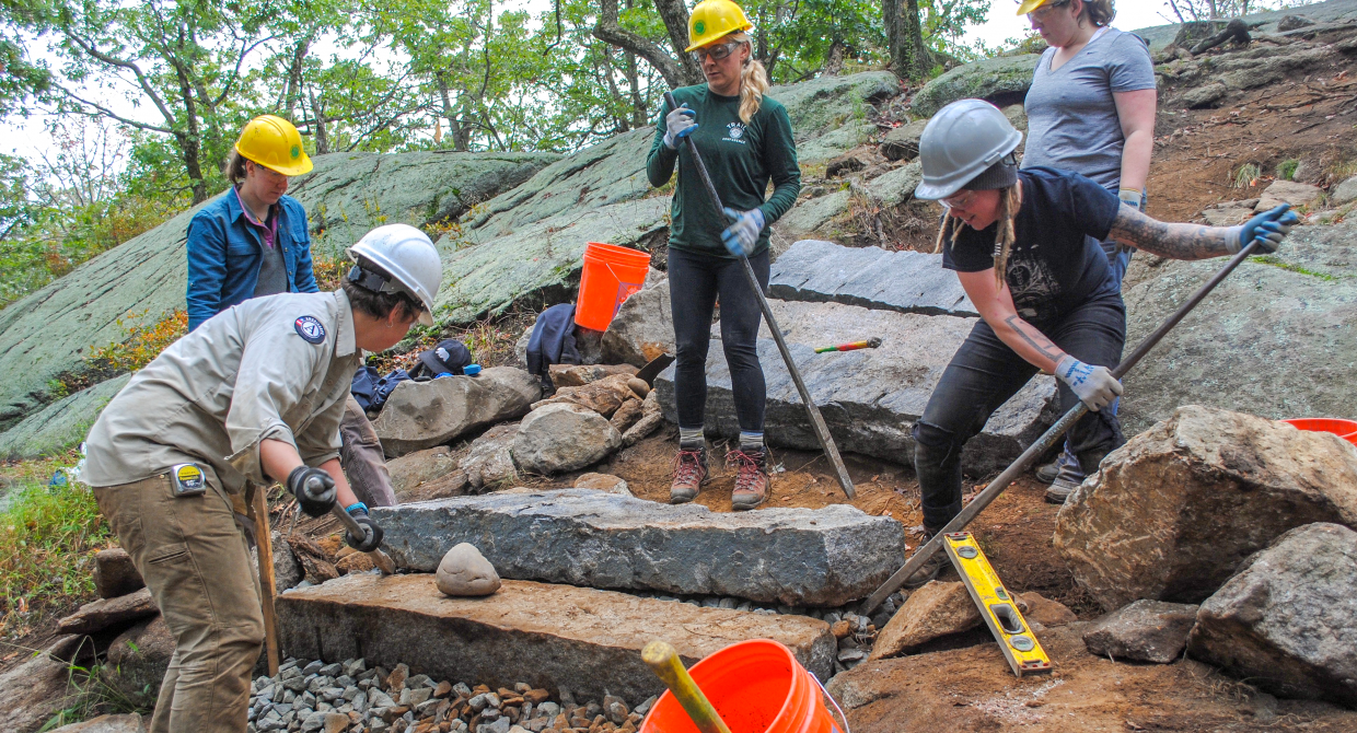 Volunteers set steps on the Appalachian Trail at Bear Mountain. Photo by Heather Darley.