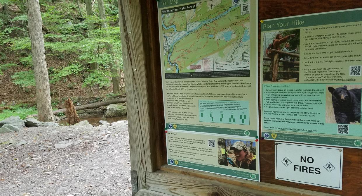 Trailhead kiosk signs at Worthington State Forest.